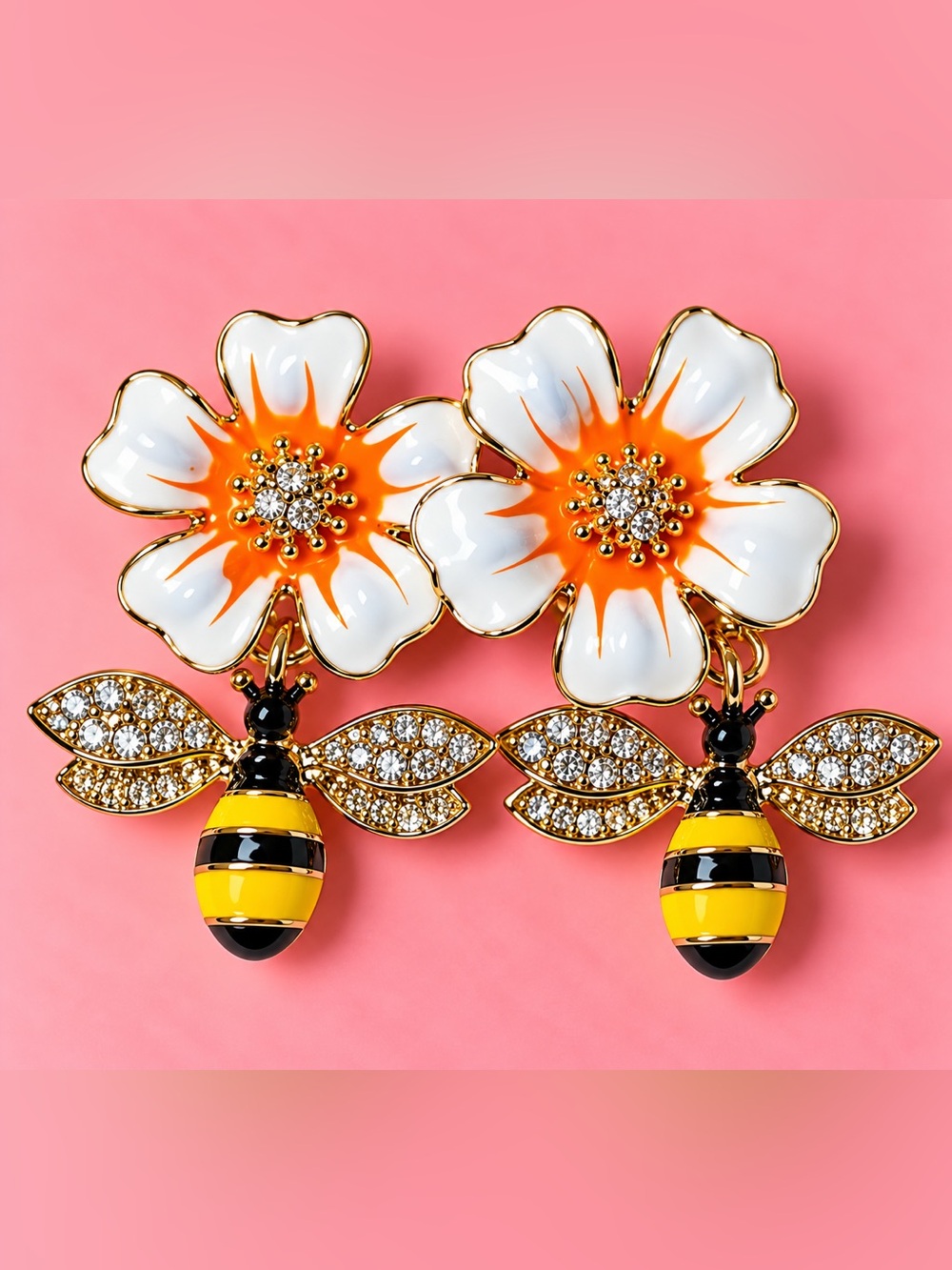Gold-Tone White & Orange Flower Bee Drop Brooch